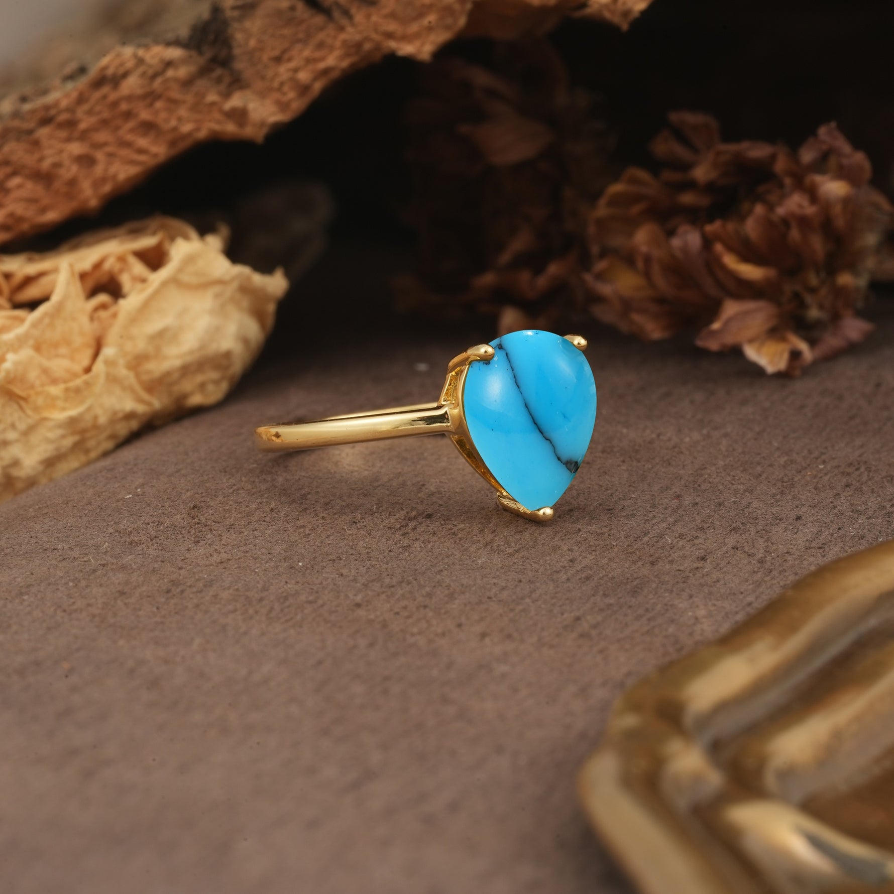 Unique, Classic, and Minimalist 3-Prong Pear Cut Turquoise Engagement Ring - Additional view