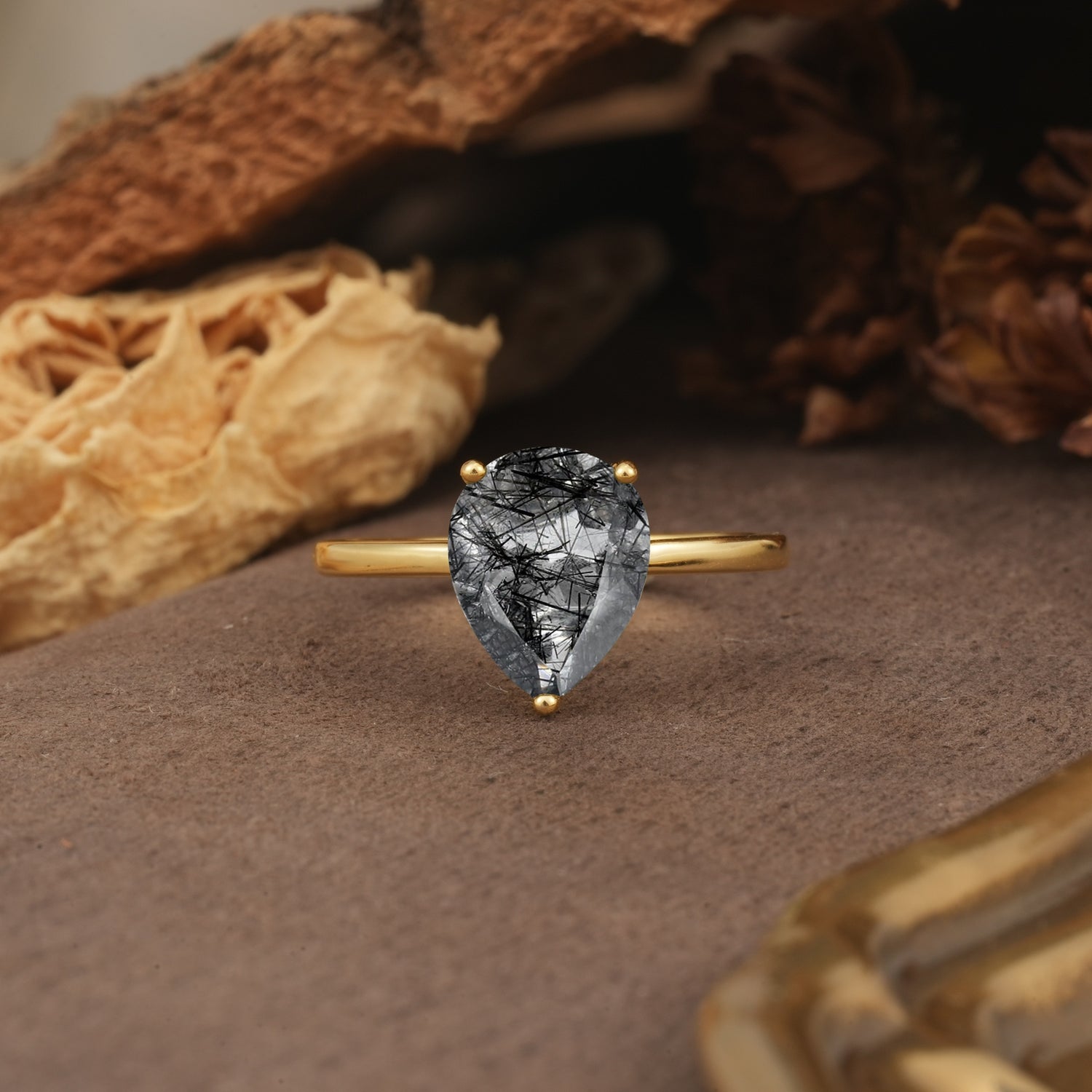 Unique, Classic, and Minimalist 3-Prong Pear Cut Black Rutilated Quartz Engagement Ring - Additional view