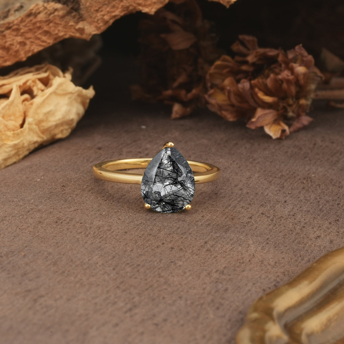Unique, Classic, and Minimalist 3-Prong Pear Cut Black Rutilated Quartz Engagement Ring - Additional view