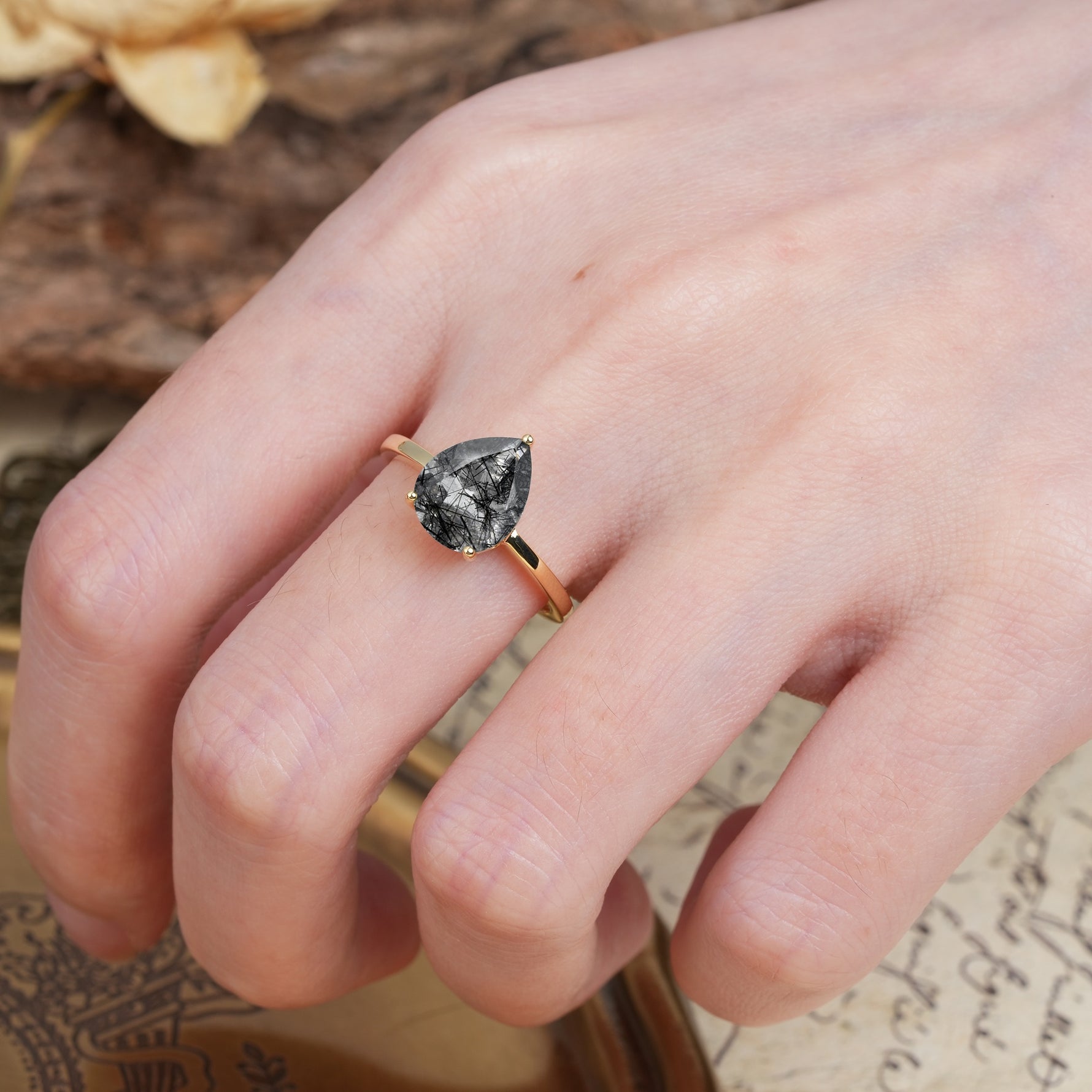 Unique, Classic, and Minimalist 3-Prong Pear Cut Black Rutilated Quartz Engagement Ring - Additional view