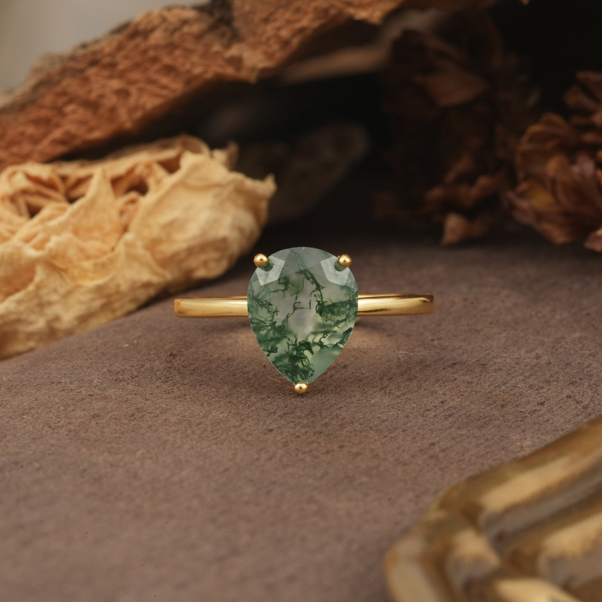 Unique, Classic, and Minimalist 3-Prong Pear Cut Moss Agate Engagement Ring - Additional view