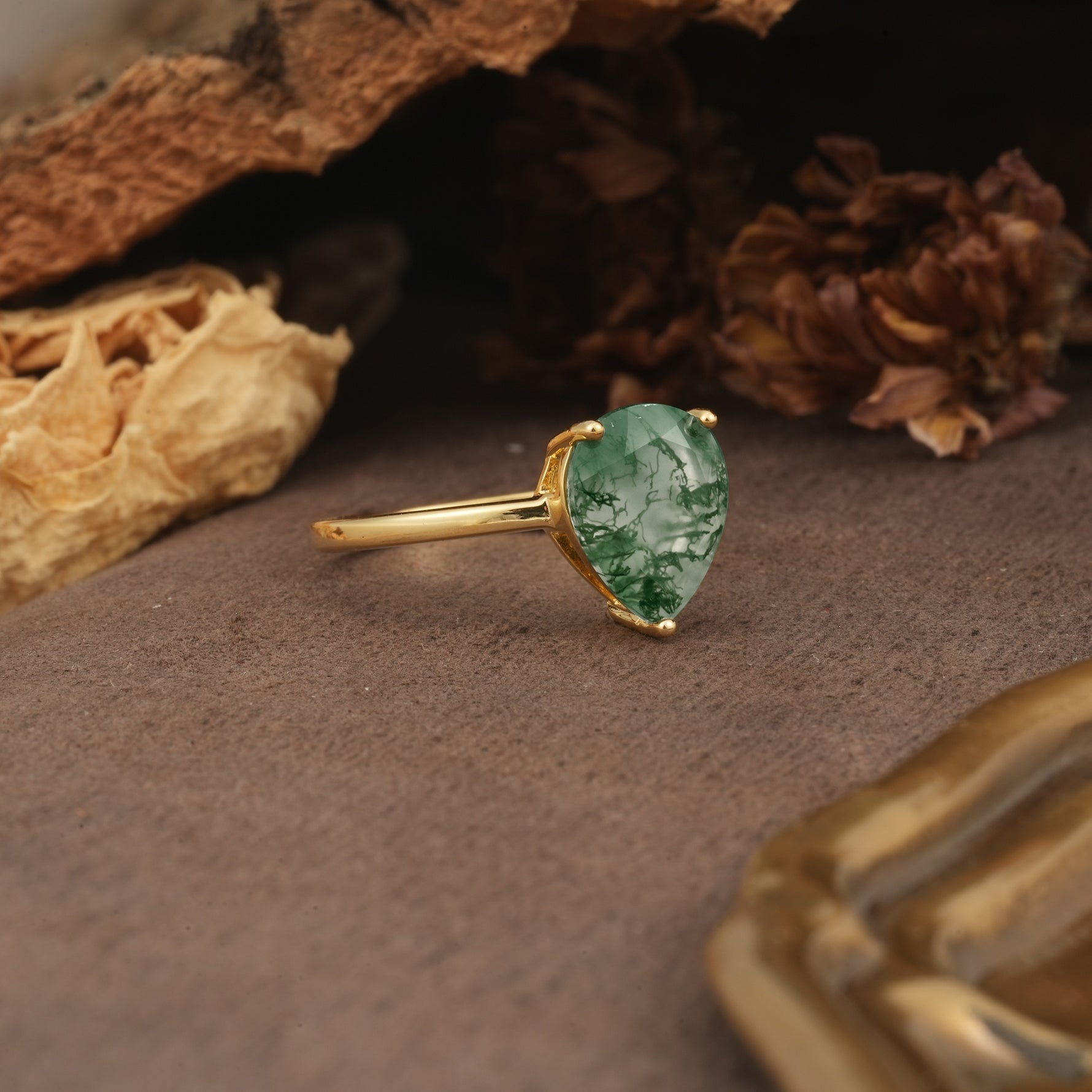 Unique, Classic, and Minimalist 3-Prong Pear Cut Moss Agate Engagement Ring - Additional view