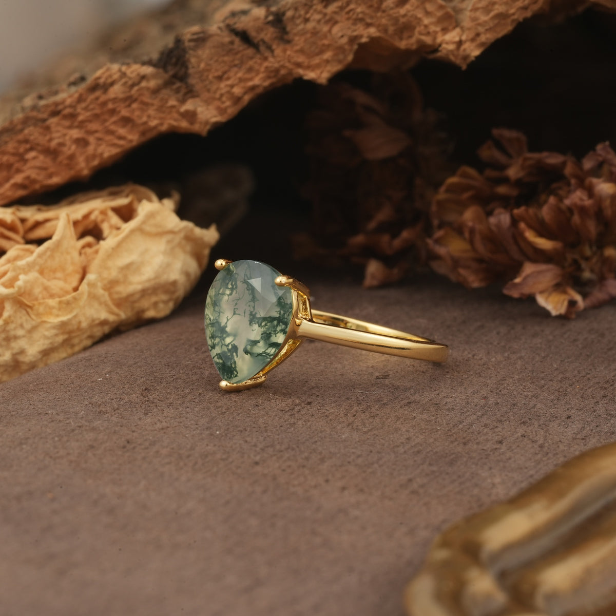 Unique, Classic, and Minimalist 3-Prong Pear Cut Moss Agate Engagement Ring - Additional view