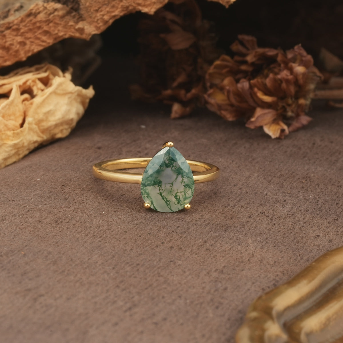 Unique, Classic, and Minimalist 3-Prong Pear Cut Moss Agate Engagement Ring - Additional view