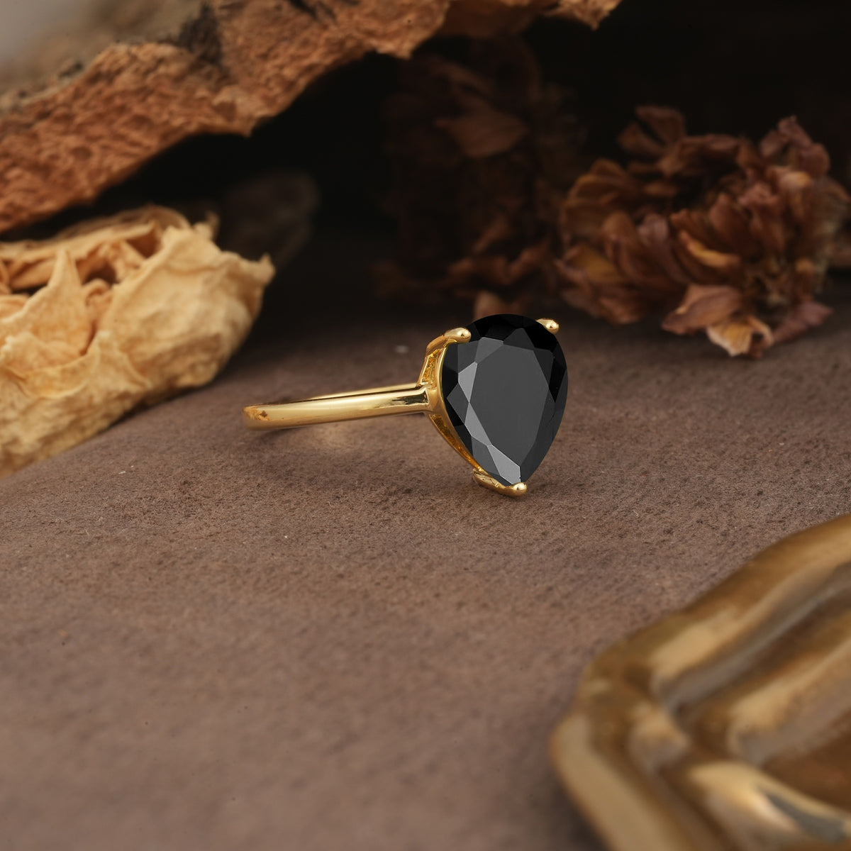Unique, Classic, and Minimalist 3-Prong Pear Cut Black Onyx Engagement Ring - Additional view
