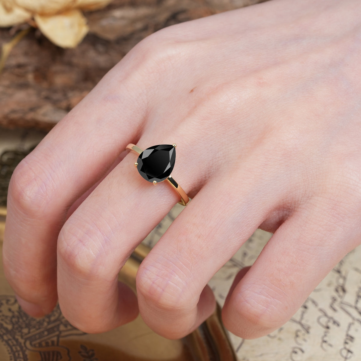 Unique, Classic, and Minimalist 3-Prong Pear Cut Black Onyx Engagement Ring - Additional view