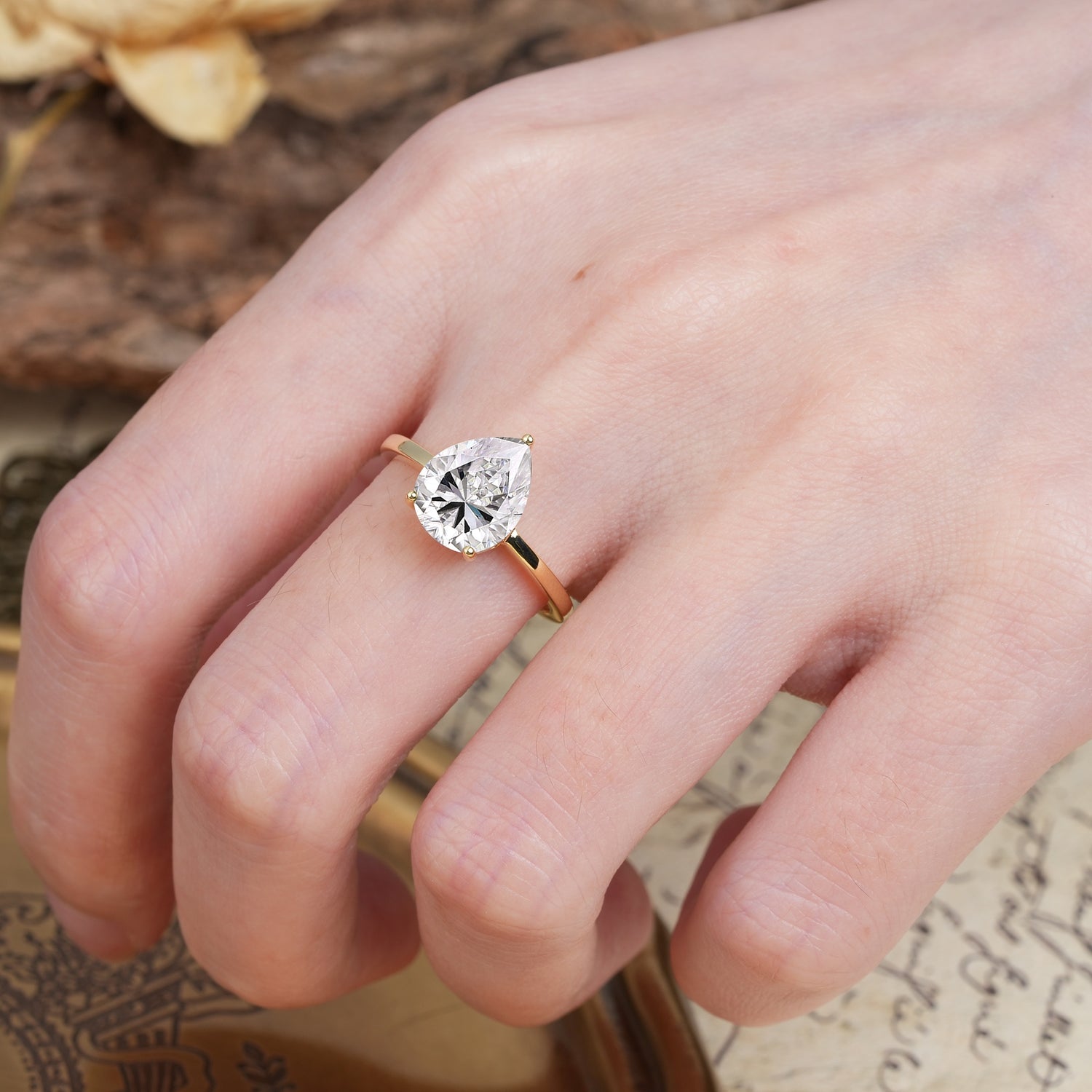 Unique, Classic, and Minimalist 3-Prong Pear Cut Lab Diamond Engagement Ring - Additional view