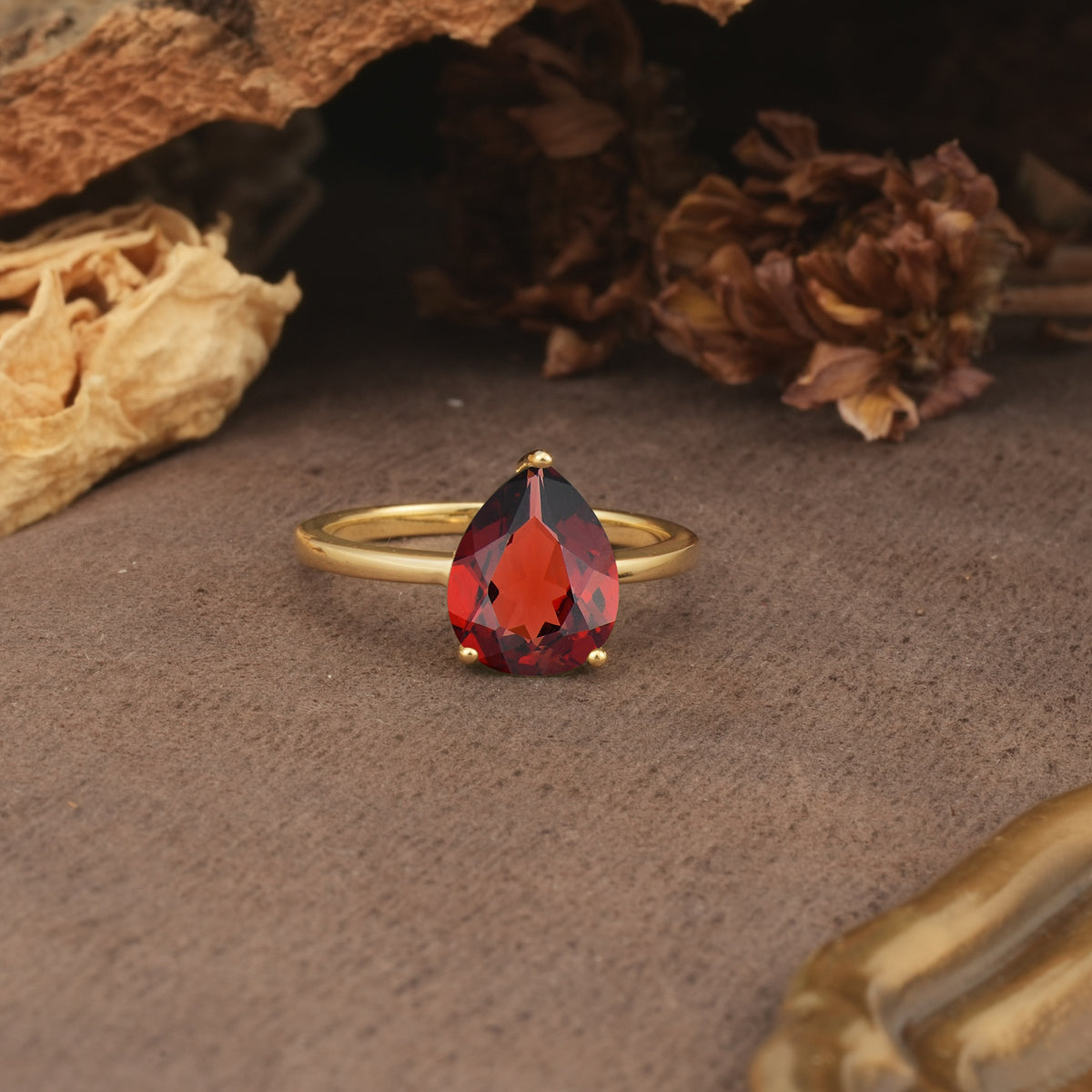 Unique, Classic, and Minimalist 3-Prong Pear Cut Garnet Engagement Ring - Additional view
