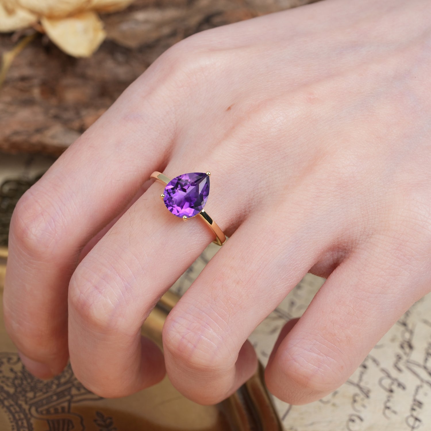 Unique, Classic, and Minimalist 3-Prong Pear Cut Amethyst Engagement Ring - Additional view