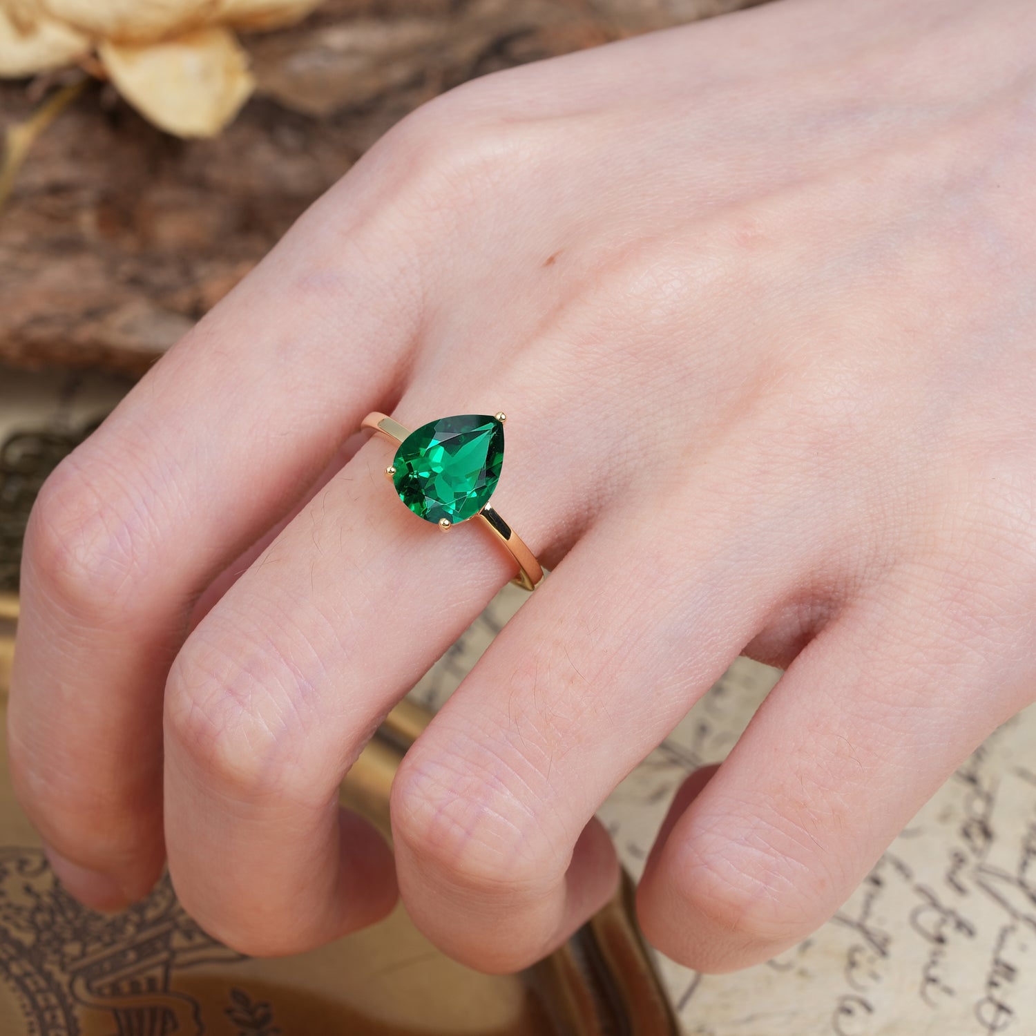 Unique, Classic, and Minimalist 3-Prong Pear Cut Emerald Engagement Ring