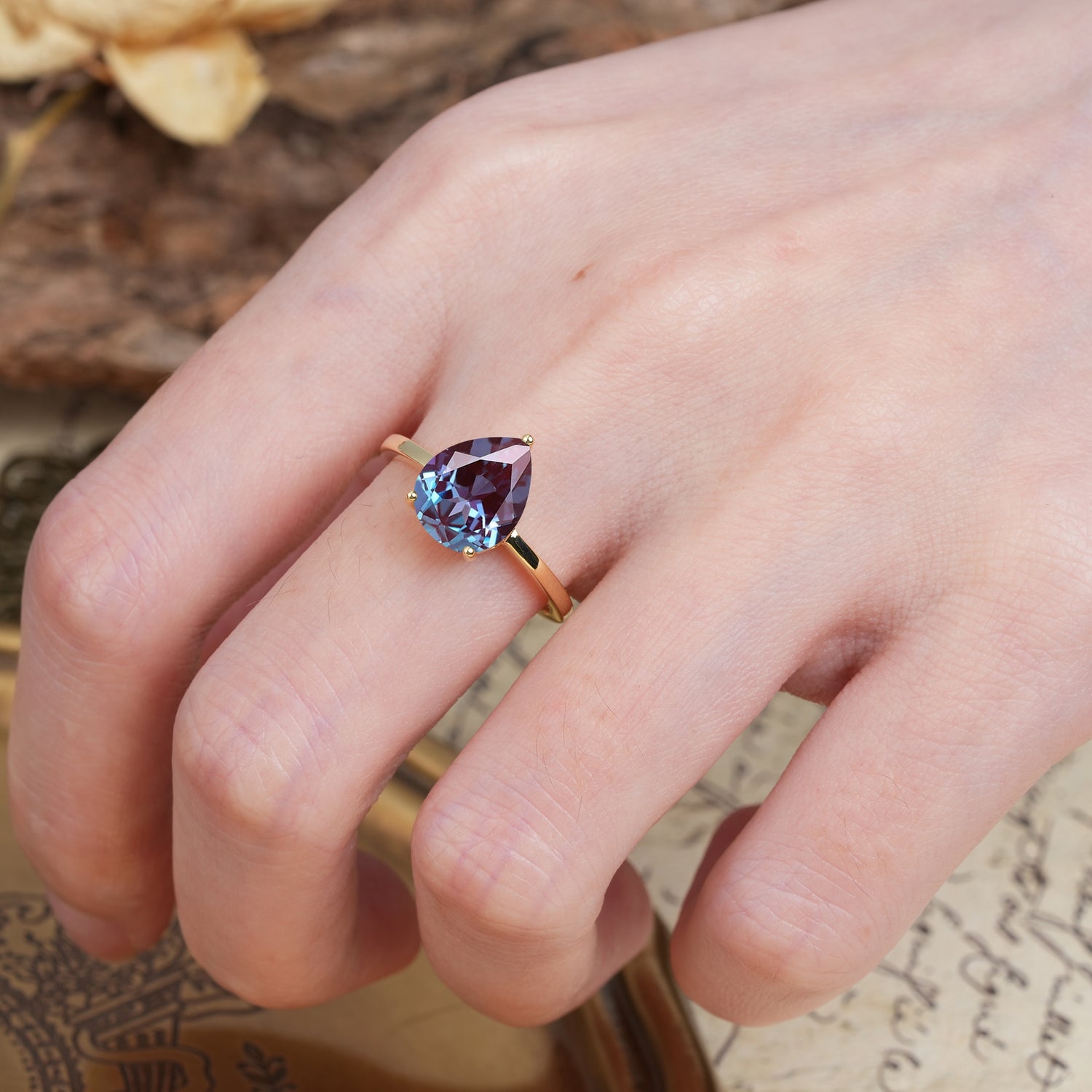 Unique, Classic, and Minimalist 3-Prong Pear Cut Alexandrite Engagement Ring