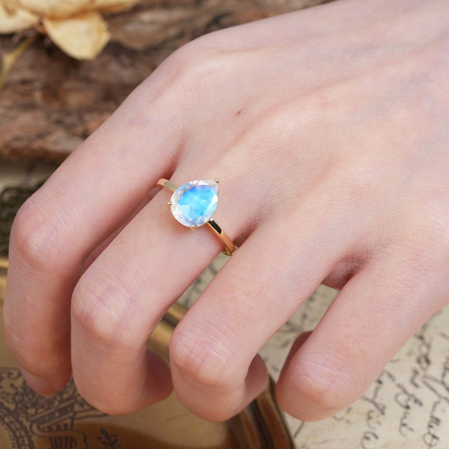 Unique, Classic, and Minimalist 3-Prong Pear Cut Moonstone Engagement Ring