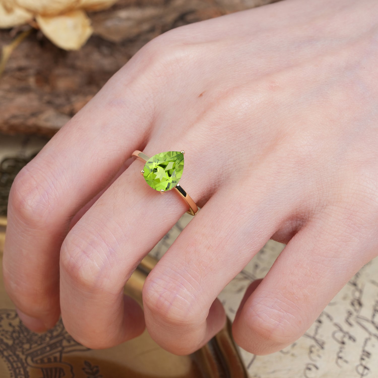 Unique, Classic, and Minimalist 3-Prong Pear Cut Peridot Engagement Ring