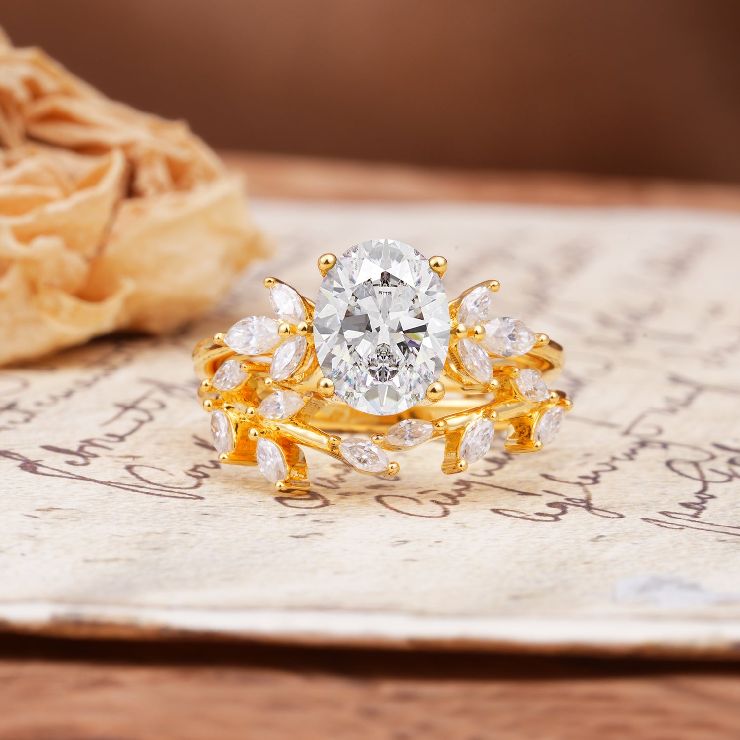 Naturally Inspired Luxury 4-Prong Pear Cut Moissanite Wedding Bride Ring Set - Yellow-Gold