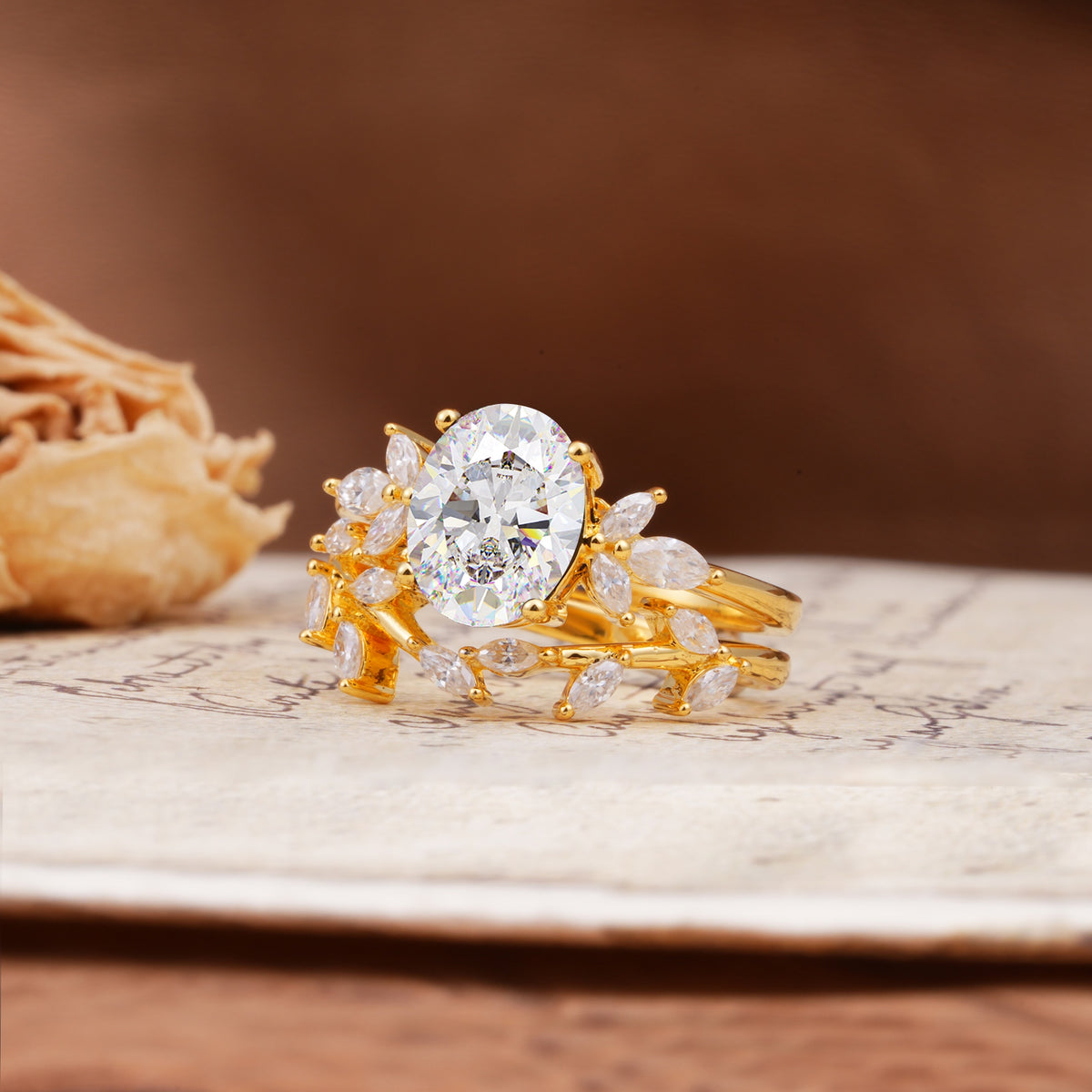 Naturally Inspired Luxury 4-Prong Pear Cut Moissanite Wedding Bride Ring Set - Rose-Gold