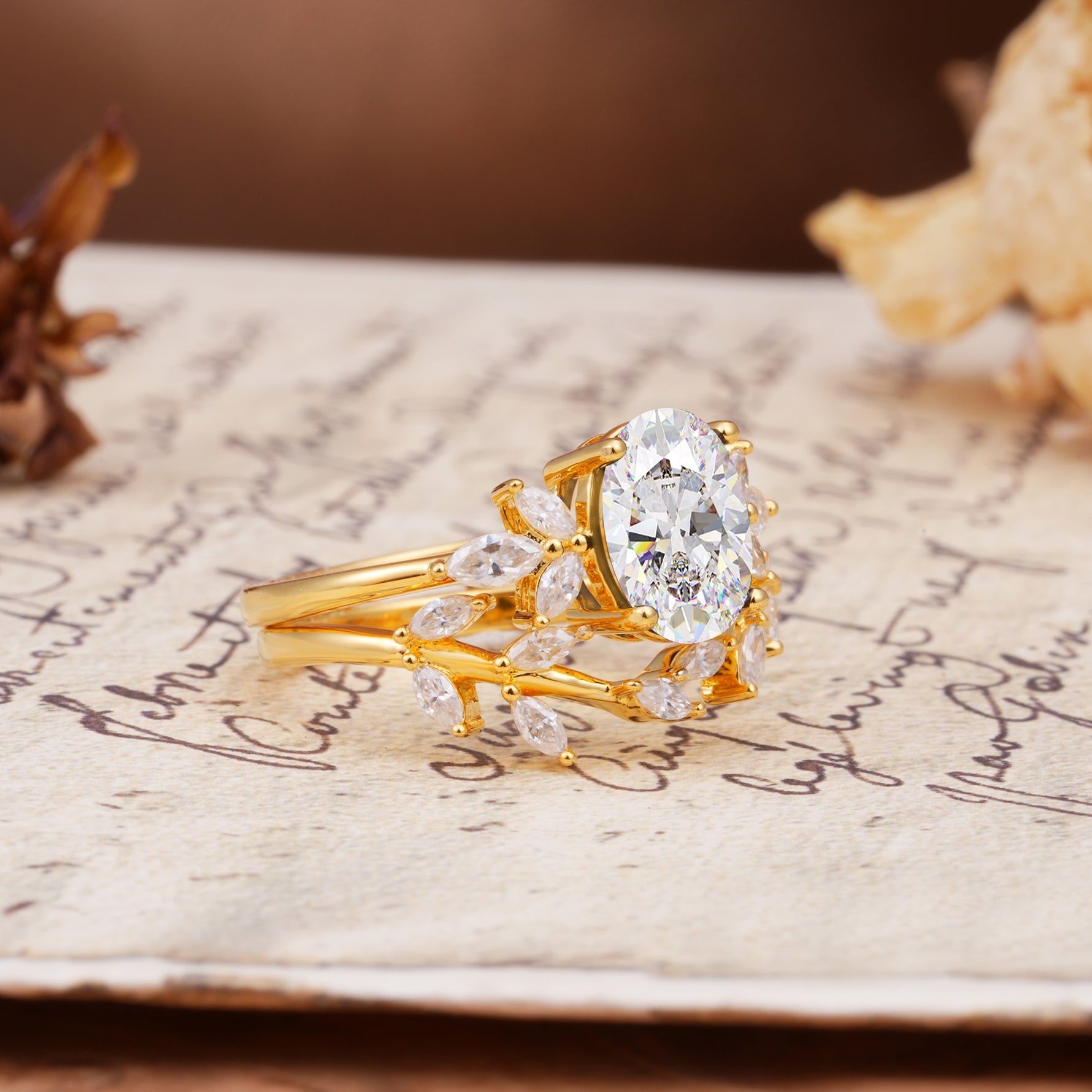 Naturally Inspired Luxury 4-Prong Pear Cut Moissanite Wedding Bride Ring Set - White-Gold