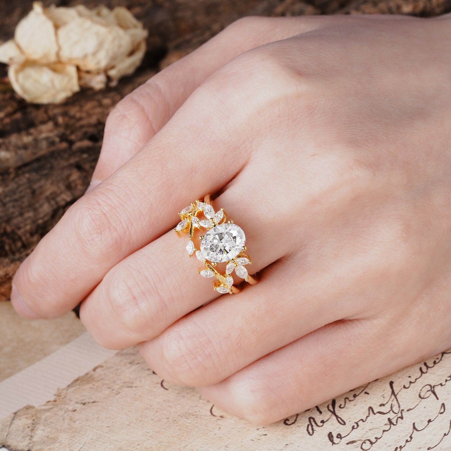 Naturally Inspired Luxury 4-Prong Oval Cut Moissanite Bride Ring Set