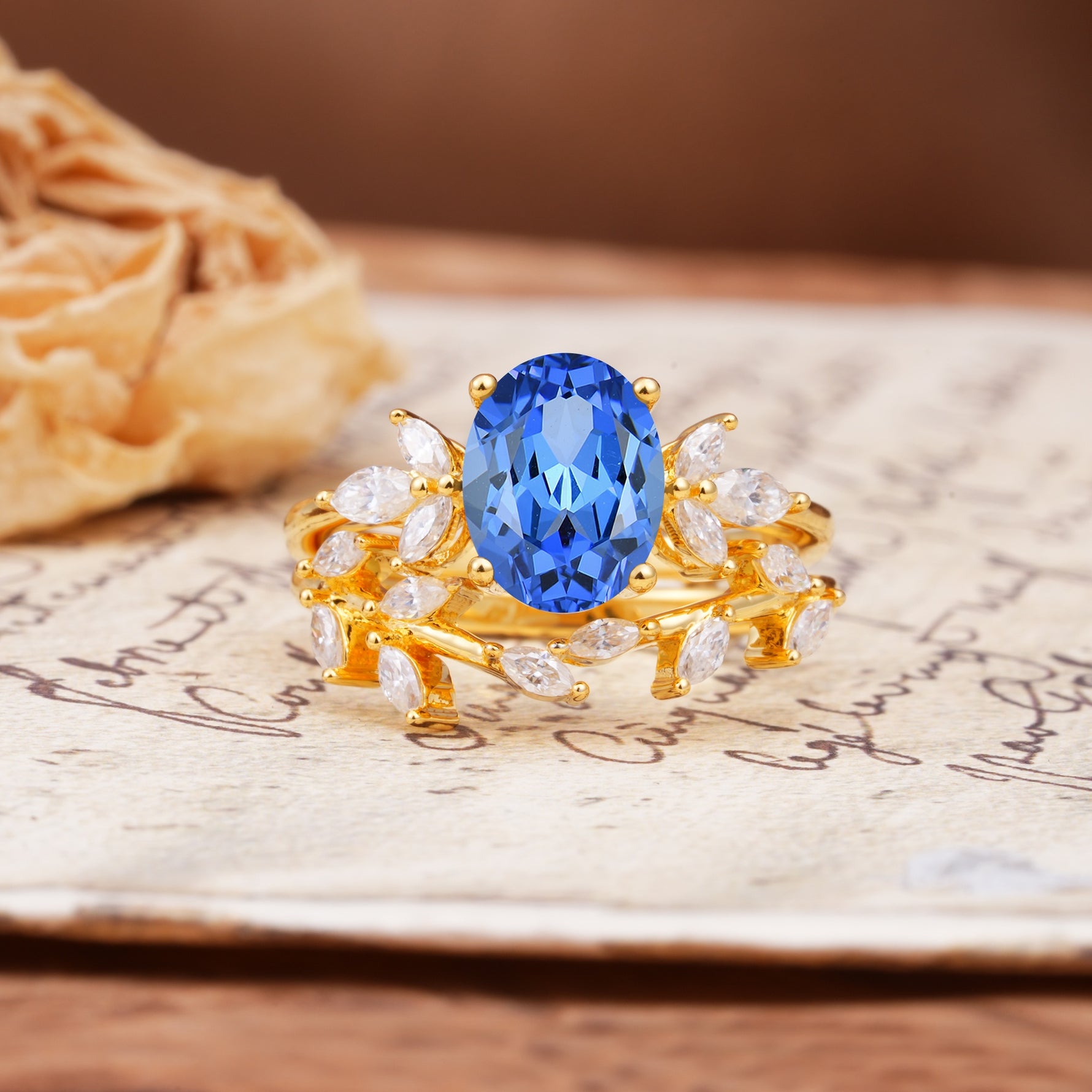 Naturally Inspired Luxury 4-Prong Pear Cut Sapphire Wedding Bride Ring Set - Yellow-Gold
