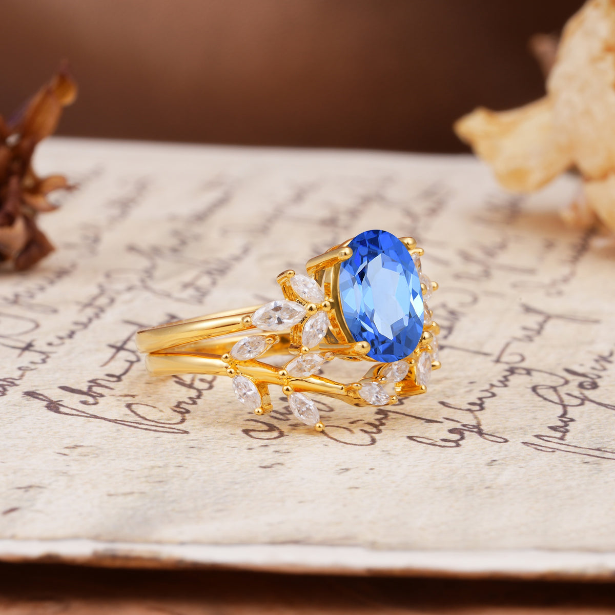 Naturally Inspired Luxury 4-Prong Pear Cut Sapphire Wedding Bride Ring Set - White-Gold