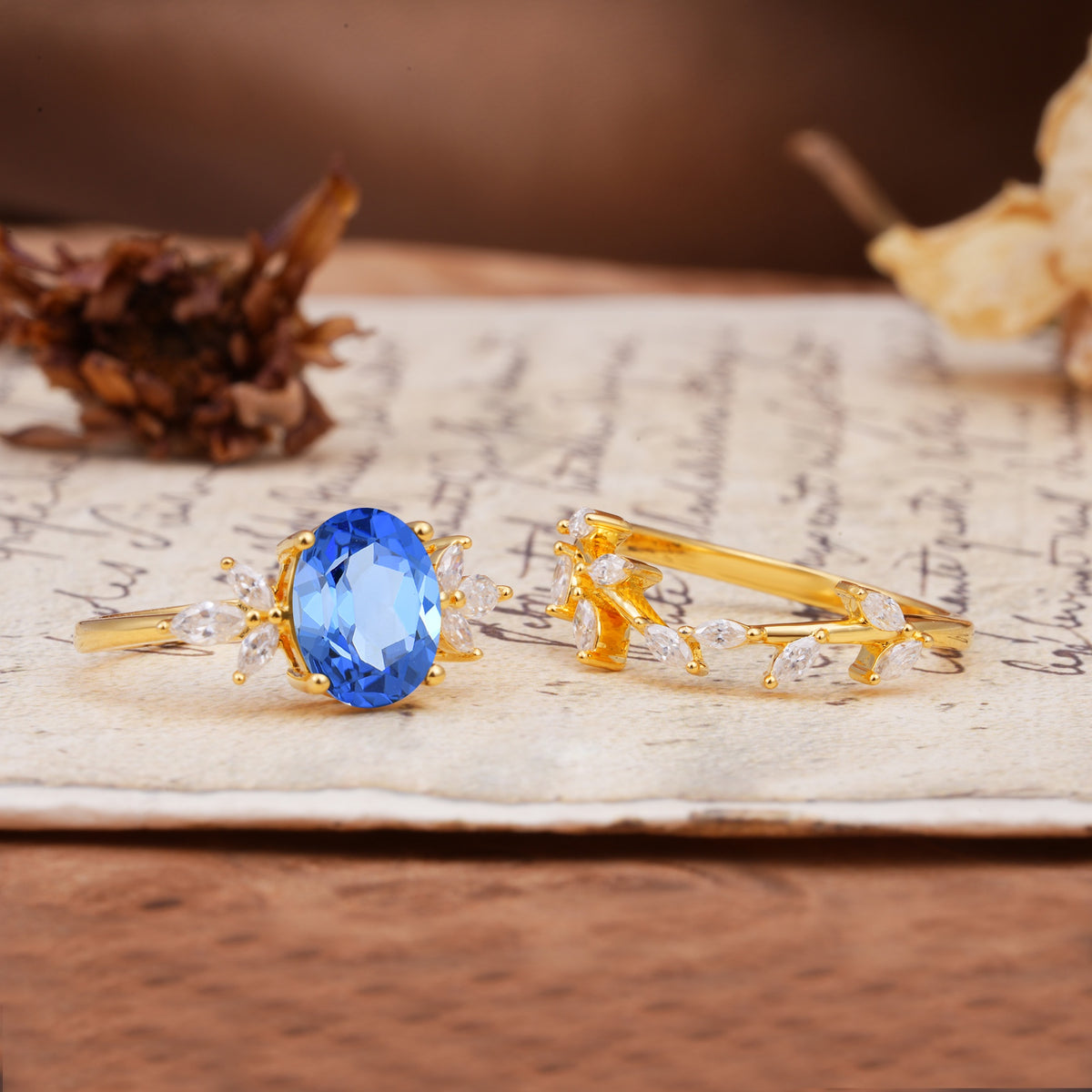Naturally Inspired Luxury 4-Prong Pear Cut Sapphire Wedding Bride Ring Set - Additional view