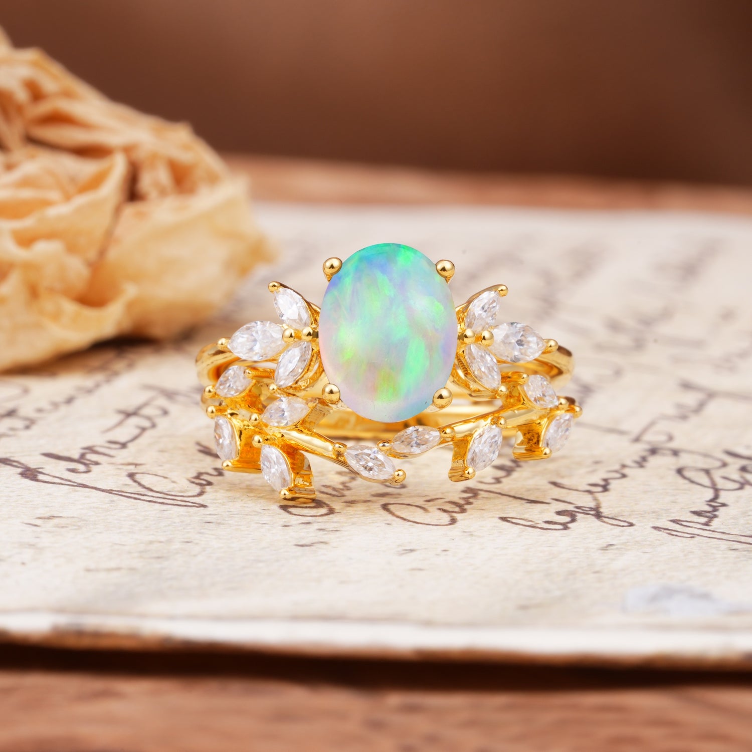 Nature-Inspired, Uniquely Luxurious 4-Prong Oval Cut Fire Opal Bridal Ring Set - Yellow-Gold