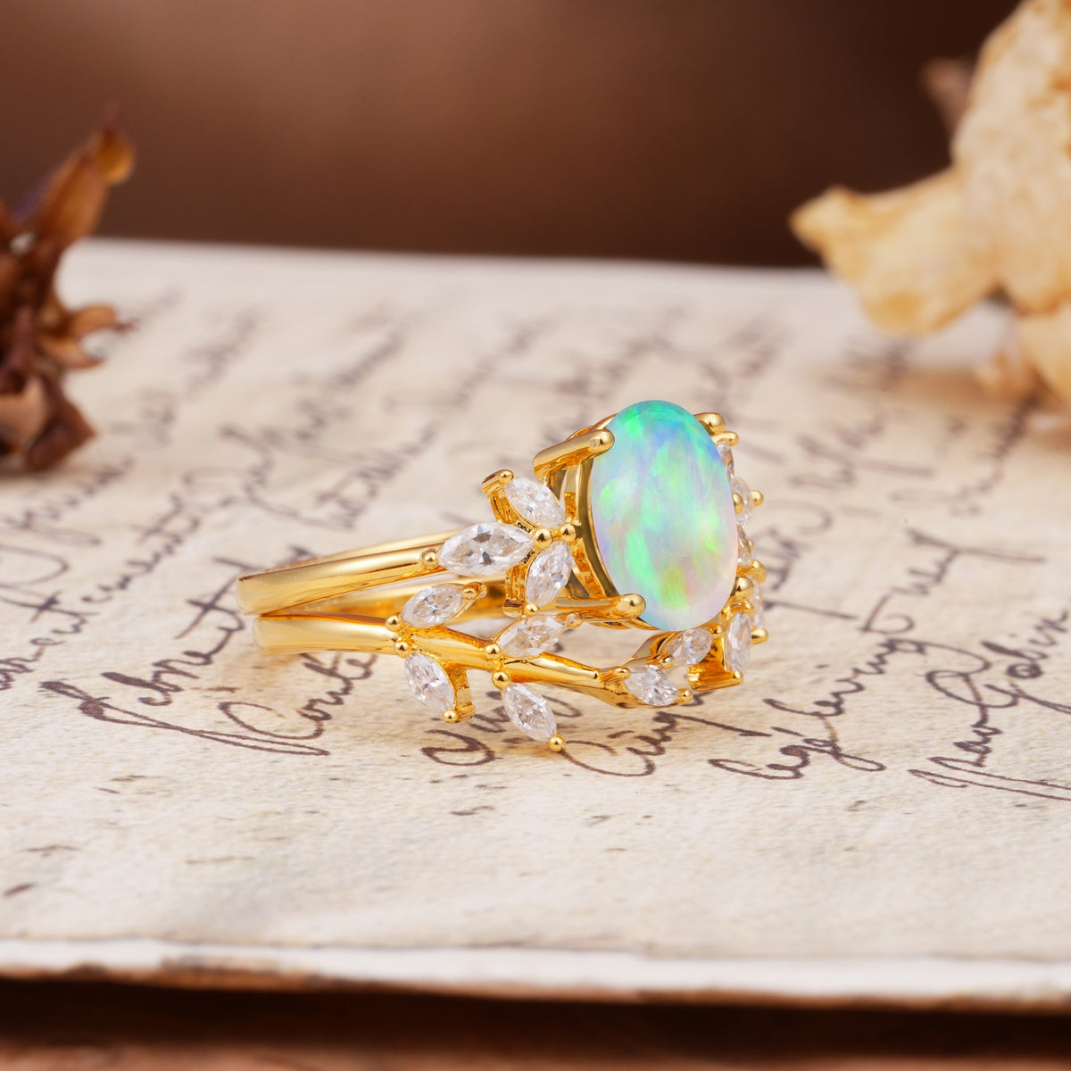 Nature-Inspired, Uniquely Luxurious 4-Prong Oval Cut Fire Opal Bridal Ring Set - White-Gold