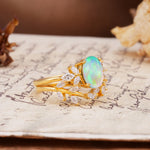 Nature-Inspired, Uniquely Luxurious 4-Prong Oval Cut Fire Opal Bridal Ring Set - White-Gold