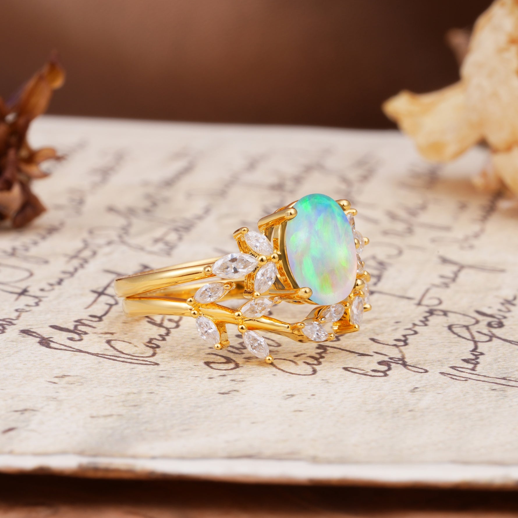 Nature-Inspired, Uniquely Luxurious 4-Prong Oval Cut Fire Opal Bridal Ring Set - White-Gold