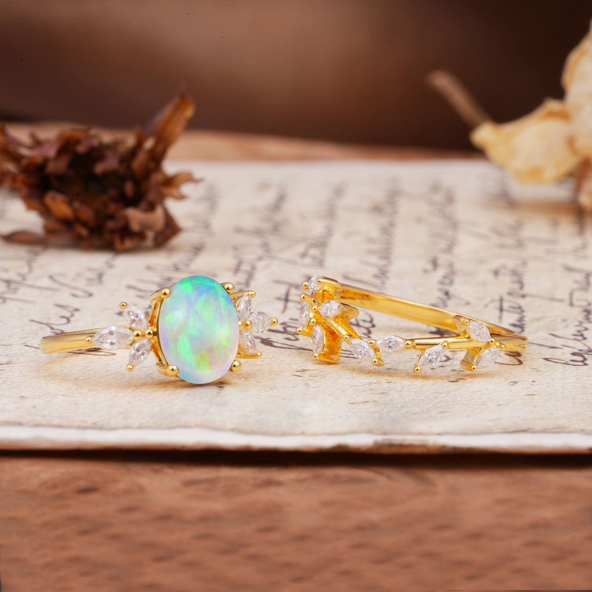 Nature-Inspired, Uniquely Luxurious 4-Prong Oval Cut Fire Opal Bridal Ring Set - Additional view
