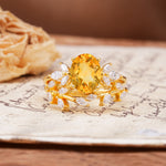 Naturally Inspired Luxury 4-Prong Pear Cut Citrine Wedding Bride Ring Set - Yellow-Gold