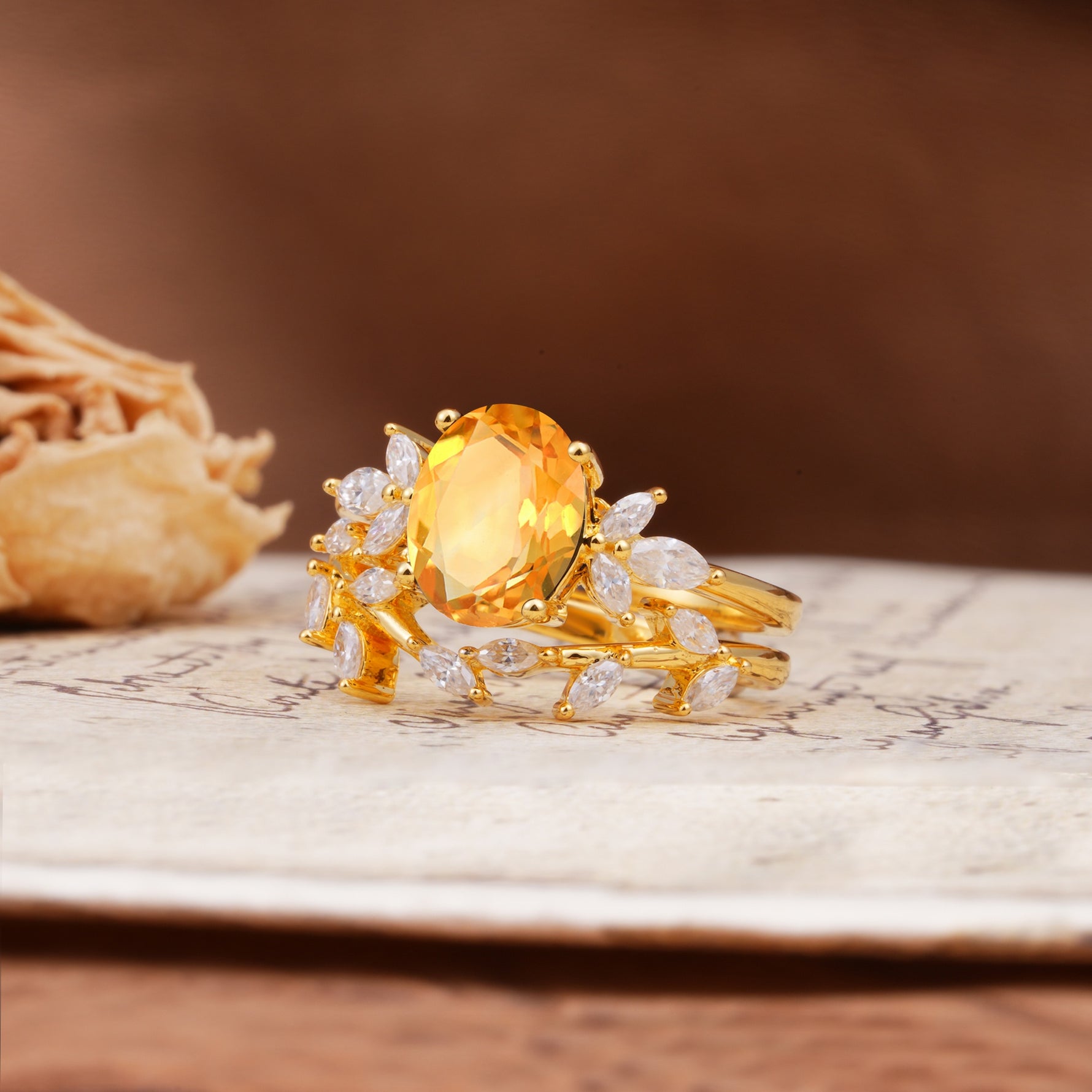 Naturally Inspired Luxury 4-Prong Pear Cut Citrine Wedding Bride Ring Set - Rose-Gold