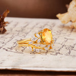 Naturally Inspired Luxury 4-Prong Pear Cut Citrine Wedding Bride Ring Set - White-Gold