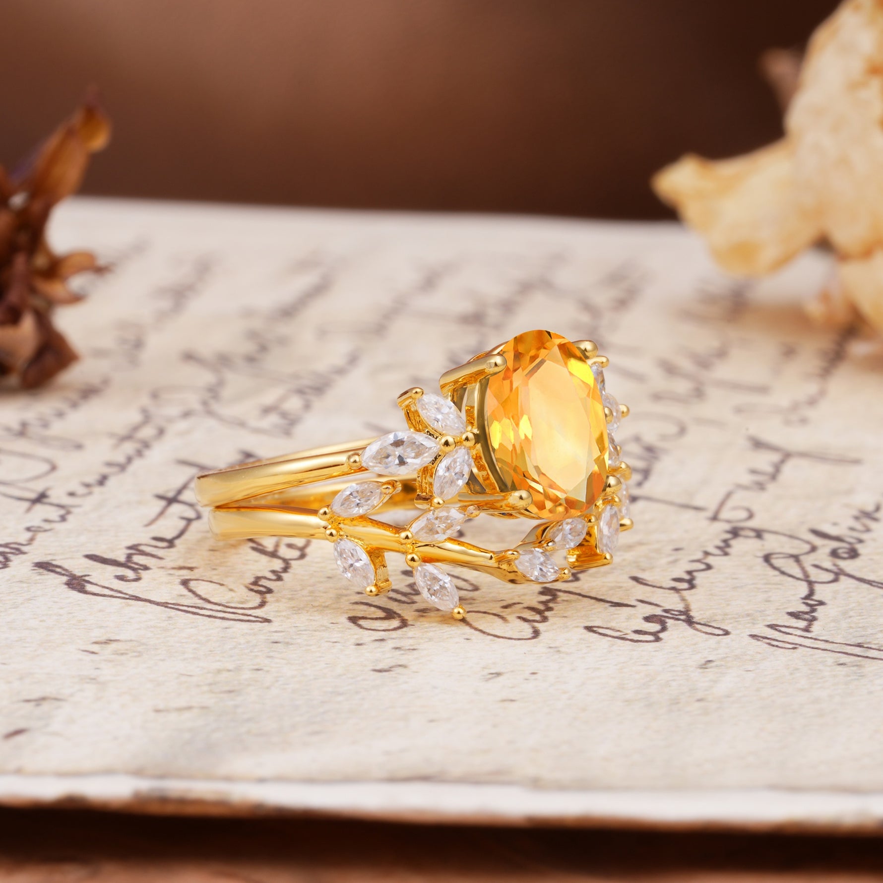 Naturally Inspired Luxury 4-Prong Pear Cut Citrine Wedding Bride Ring Set - White-Gold