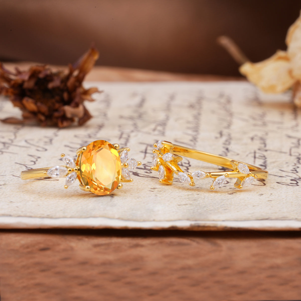 Naturally Inspired Luxury 4-Prong Pear Cut Citrine Wedding Bride Ring Set - Additional view