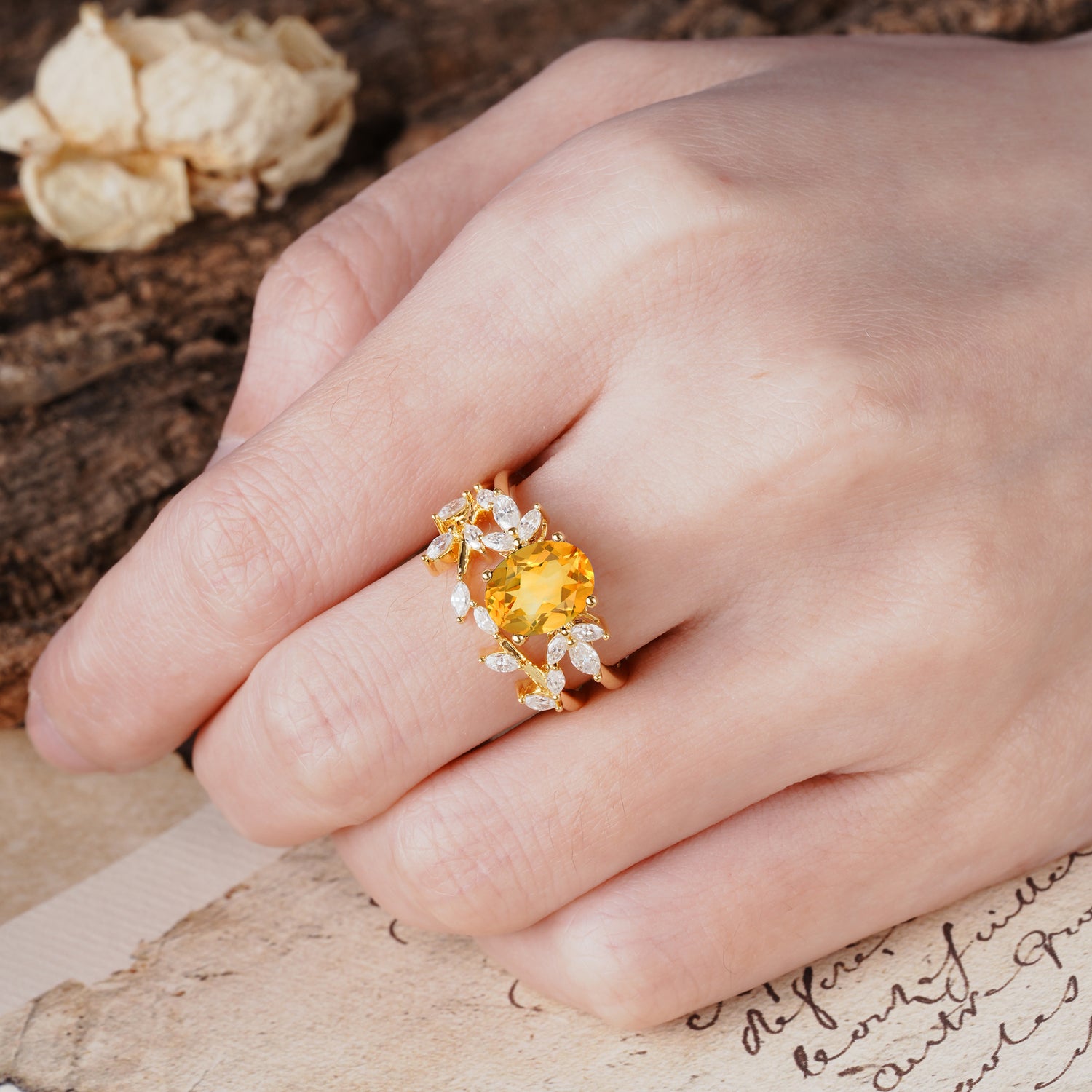 Naturally Inspired Luxury 4-Prong Oval Cut Citrine Bride Ring Set