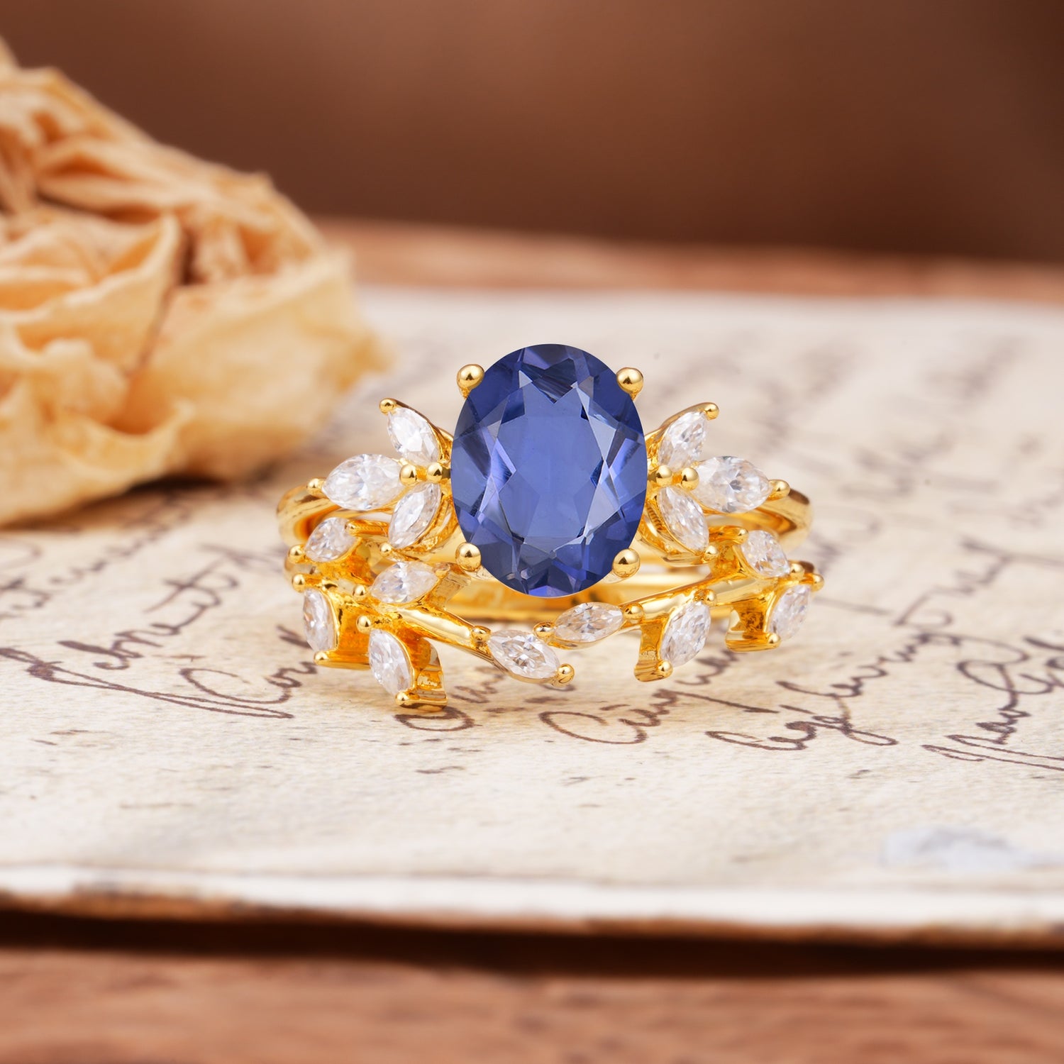Nature-Inspired, Uniquely Luxurious 4-Prong Oval Cut Tanzanite Bridal Ring Set - Yellow-Gold