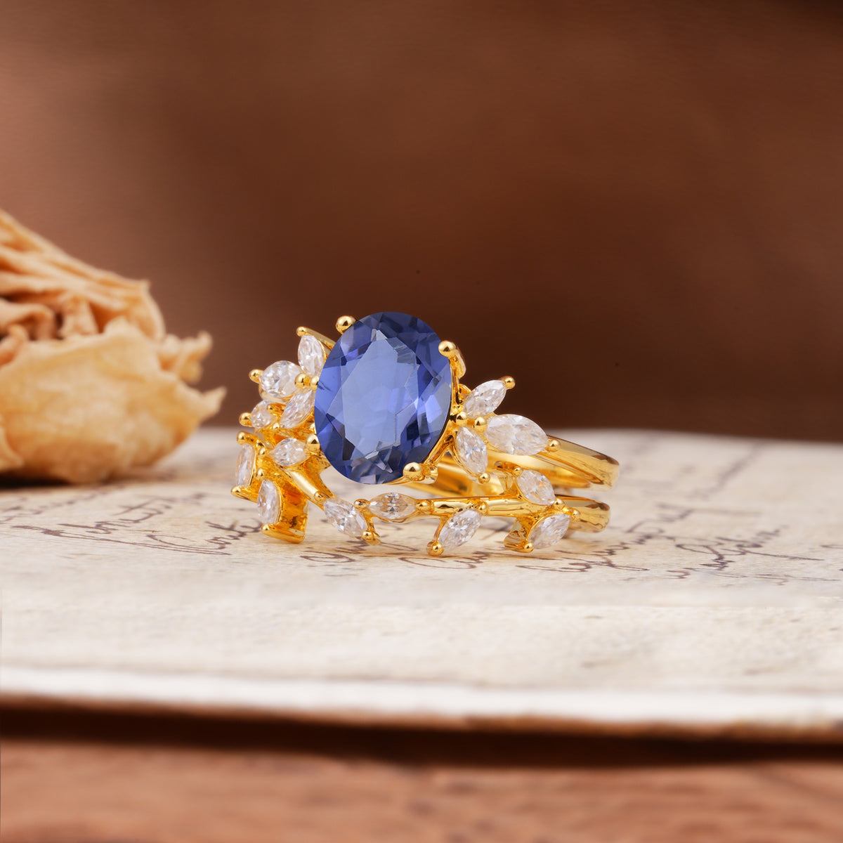Nature-Inspired, Uniquely Luxurious 4-Prong Oval Cut Tanzanite Bridal Ring Set - Rose-Gold