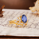 Nature-Inspired, Uniquely Luxurious 4-Prong Oval Cut Tanzanite Bridal Ring Set - White-Gold