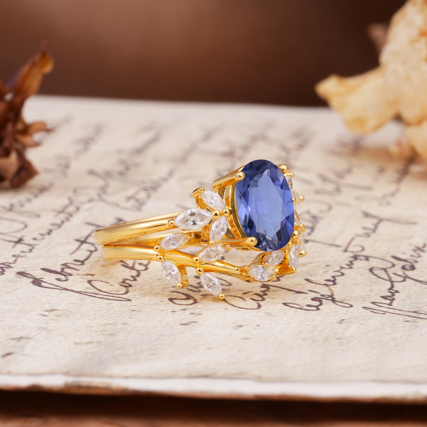 Nature-Inspired, Uniquely Luxurious 4-Prong Oval Cut Tanzanite Bridal Ring Set - White-Gold