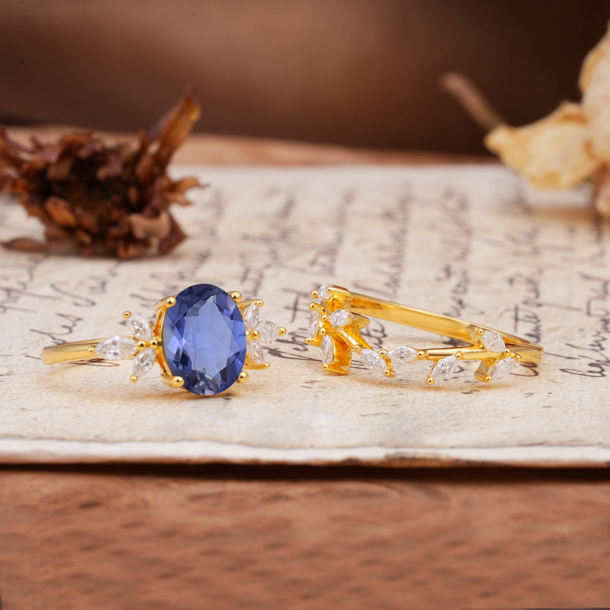 Nature-Inspired, Uniquely Luxurious 4-Prong Oval Cut Tanzanite Bridal Ring Set - Additional view