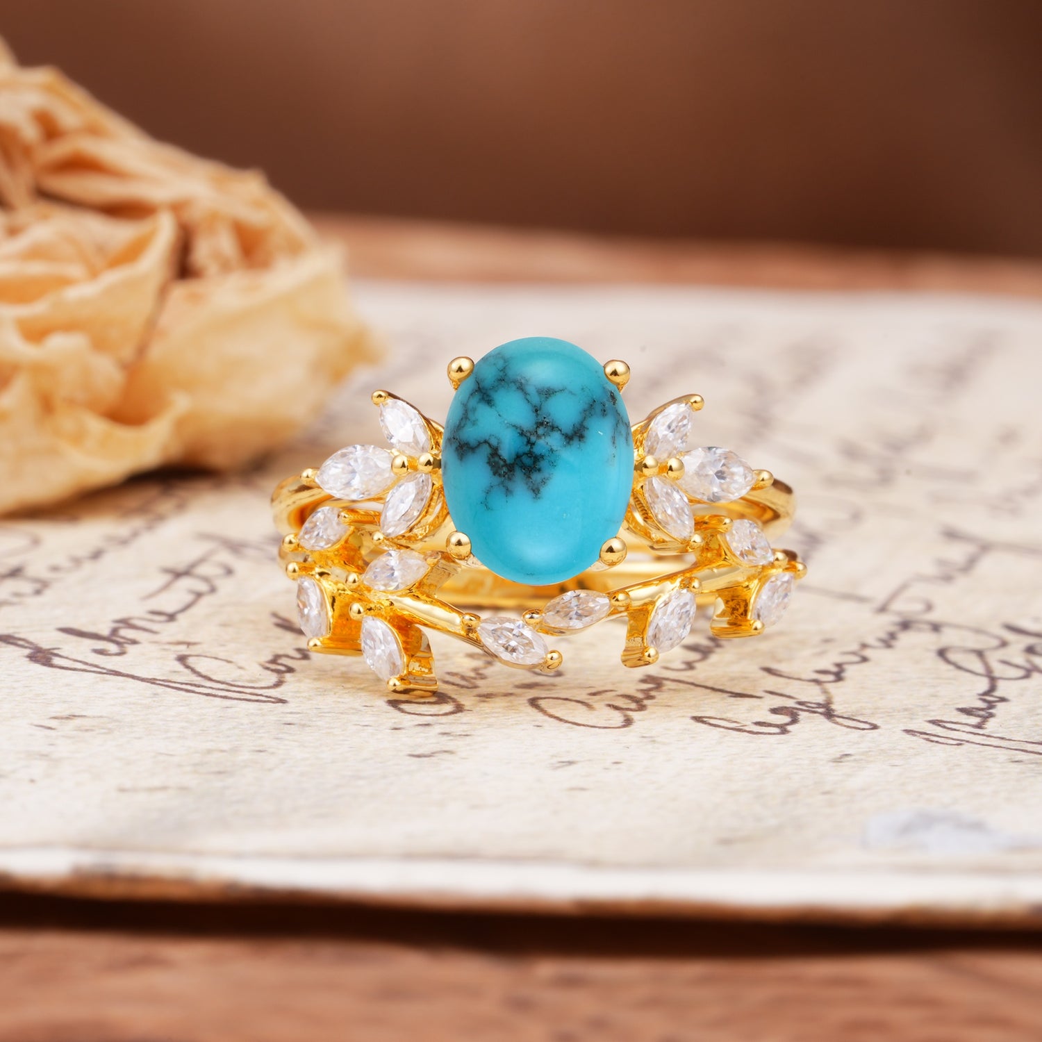 Nature-Inspired, Uniquely Luxurious 4-Prong Oval Cut Turquoise Bridal Ring Set - Yellow-Gold