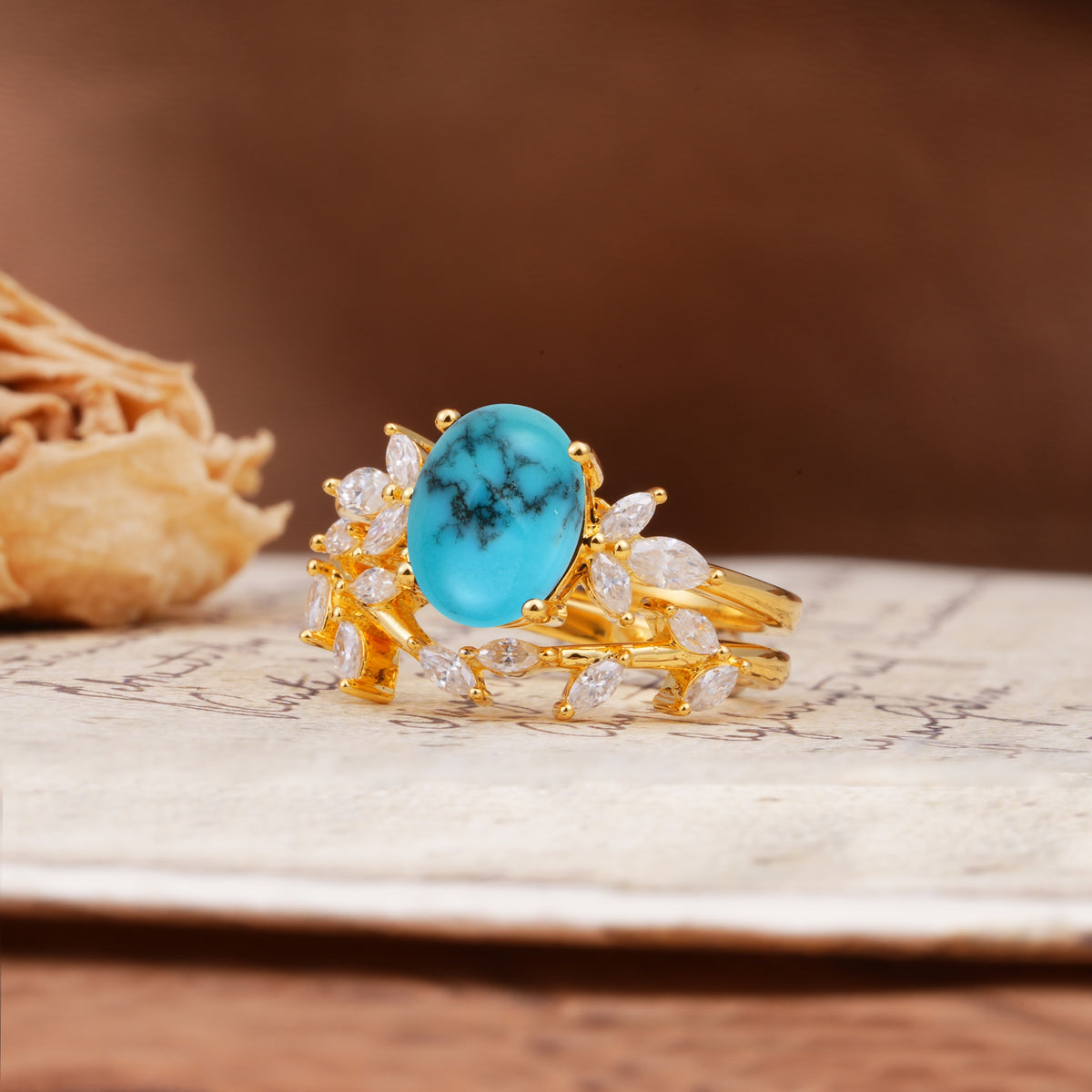 Nature-Inspired, Uniquely Luxurious 4-Prong Oval Cut Turquoise Bridal Ring Set - Rose-Gold