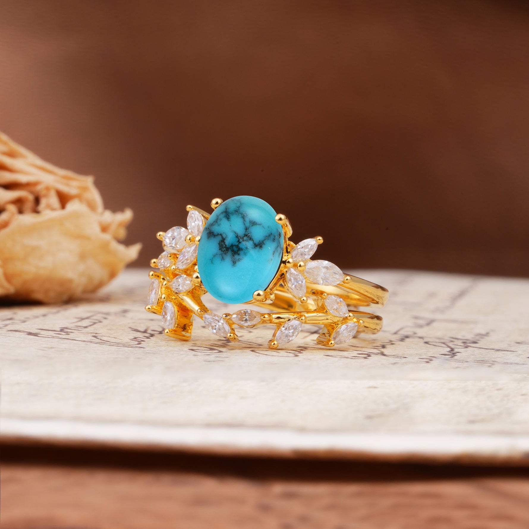 Nature-Inspired, Uniquely Luxurious 4-Prong Oval Cut Turquoise Bridal Ring Set - Rose-Gold