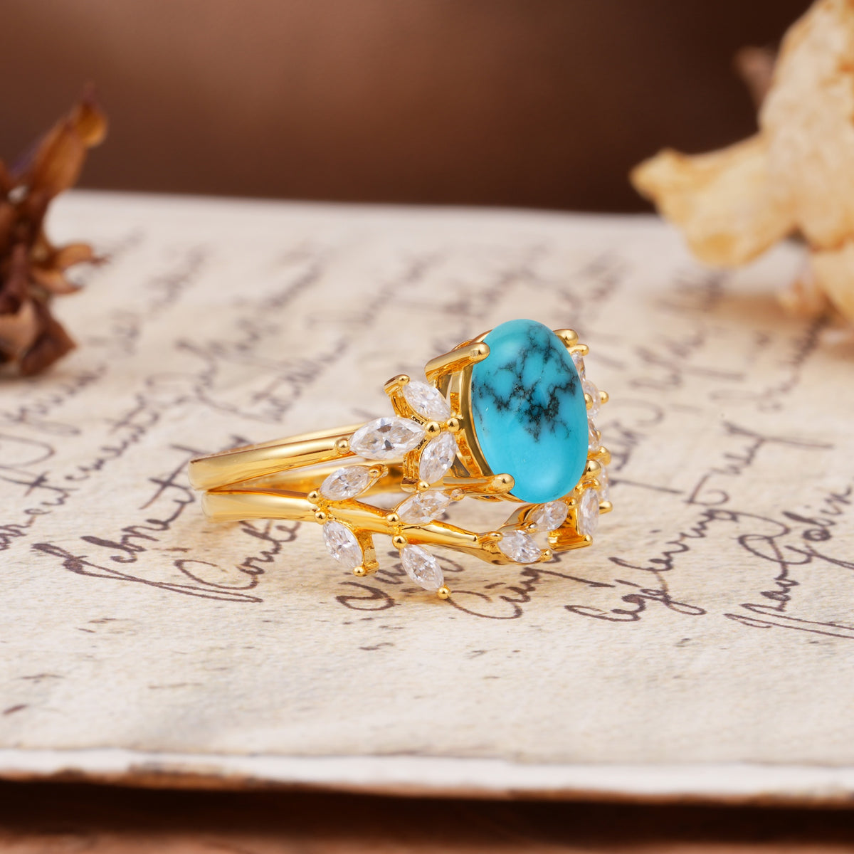 Nature-Inspired, Uniquely Luxurious 4-Prong Oval Cut Turquoise Bridal Ring Set - White-Gold