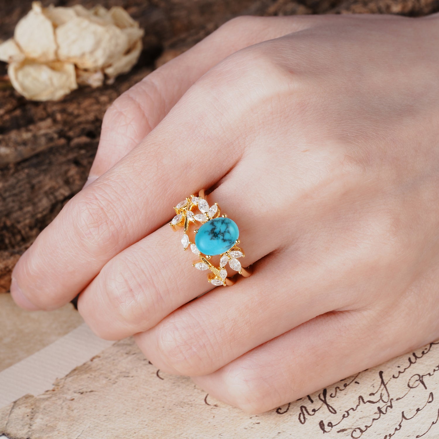 Nature-Inspired, Uniquely Luxurious 4-Prong Oval Cut Turquoise Bridal Ring Set