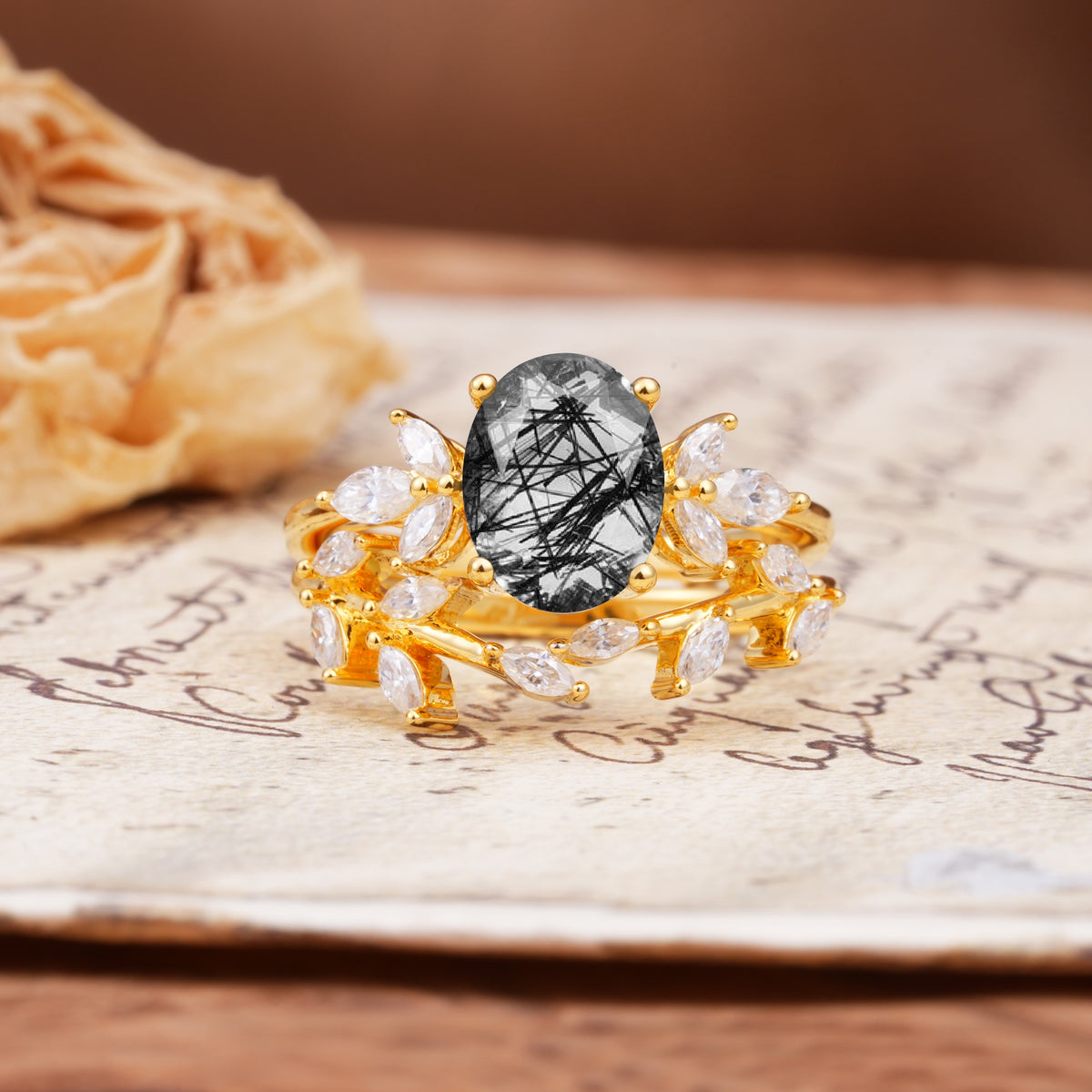 Nature-Inspired, Uniquely Luxurious 4-Prong Oval Cut Black Rutilated Quartz Bridal Ring Set - Yellow-Gold