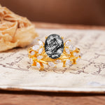 Nature-Inspired, Uniquely Luxurious 4-Prong Oval Cut Black Rutilated Quartz Bridal Ring Set - Yellow-Gold