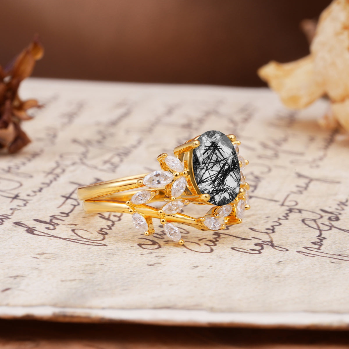 Nature-Inspired, Uniquely Luxurious 4-Prong Oval Cut Black Rutilated Quartz Bridal Ring Set - White-Gold