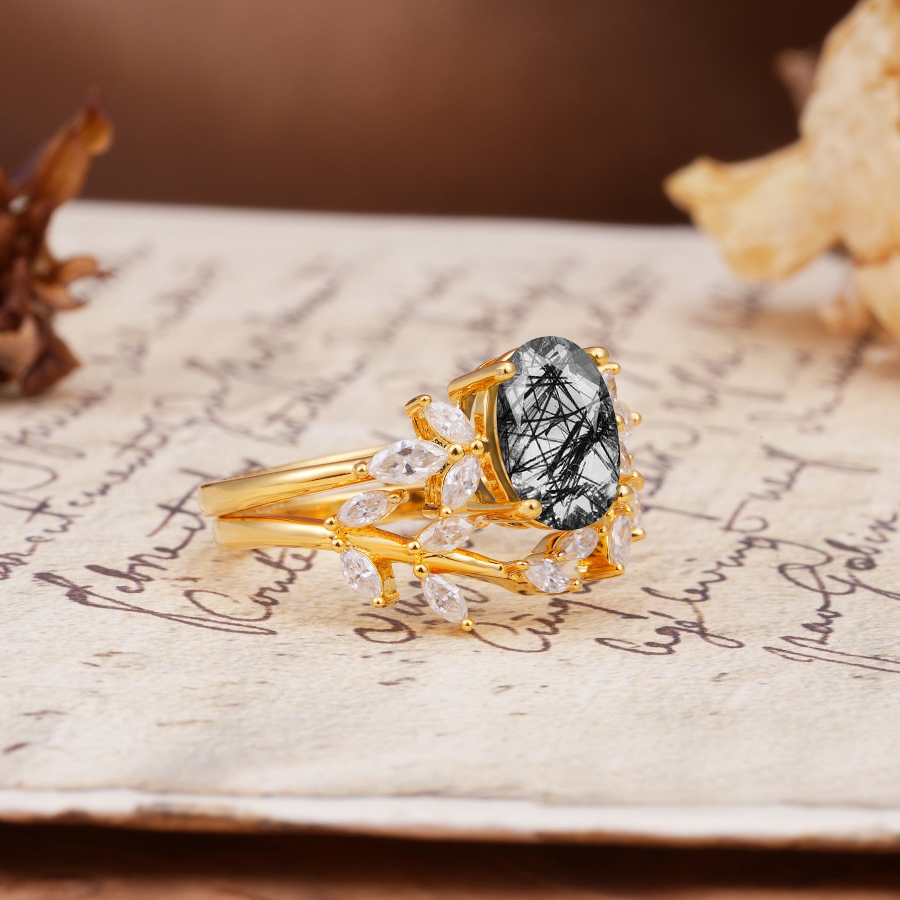 Nature-Inspired, Uniquely Luxurious 4-Prong Oval Cut Black Rutilated Quartz Bridal Ring Set - White-Gold
