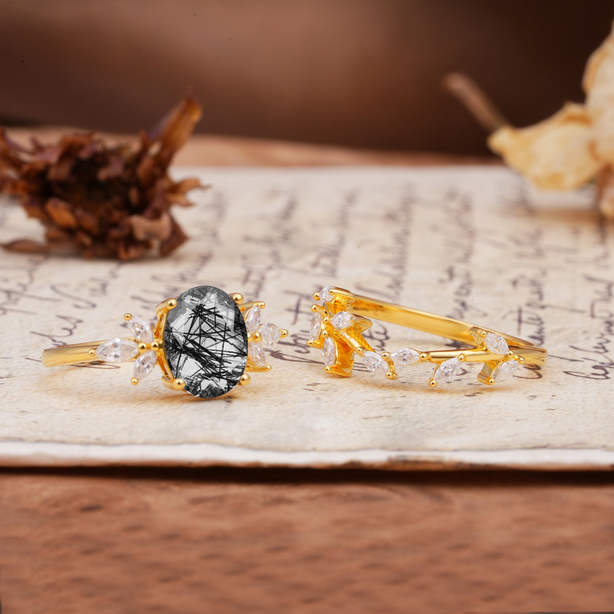 Nature-Inspired, Uniquely Luxurious 4-Prong Oval Cut Black Rutilated Quartz Bridal Ring Set - Additional view